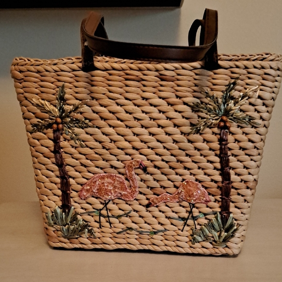 St. John Collection Woven Straw Tote with Pink Sequin Flamingos - Picture 5 of 7